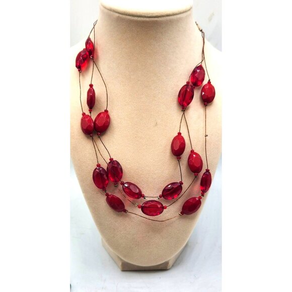 Triple Strand Floating Red Bead Necklace - 16" - Adjustable - Picture 1 of 2